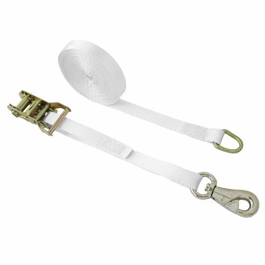 1 x 15' Tent Ratchet Strap, Double Bar D-Ring and Bull Nose Snap Hook - White